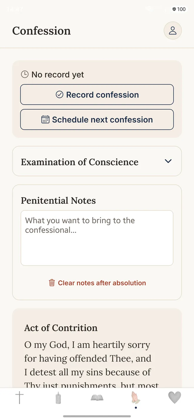 Confession screen in the Gratia app