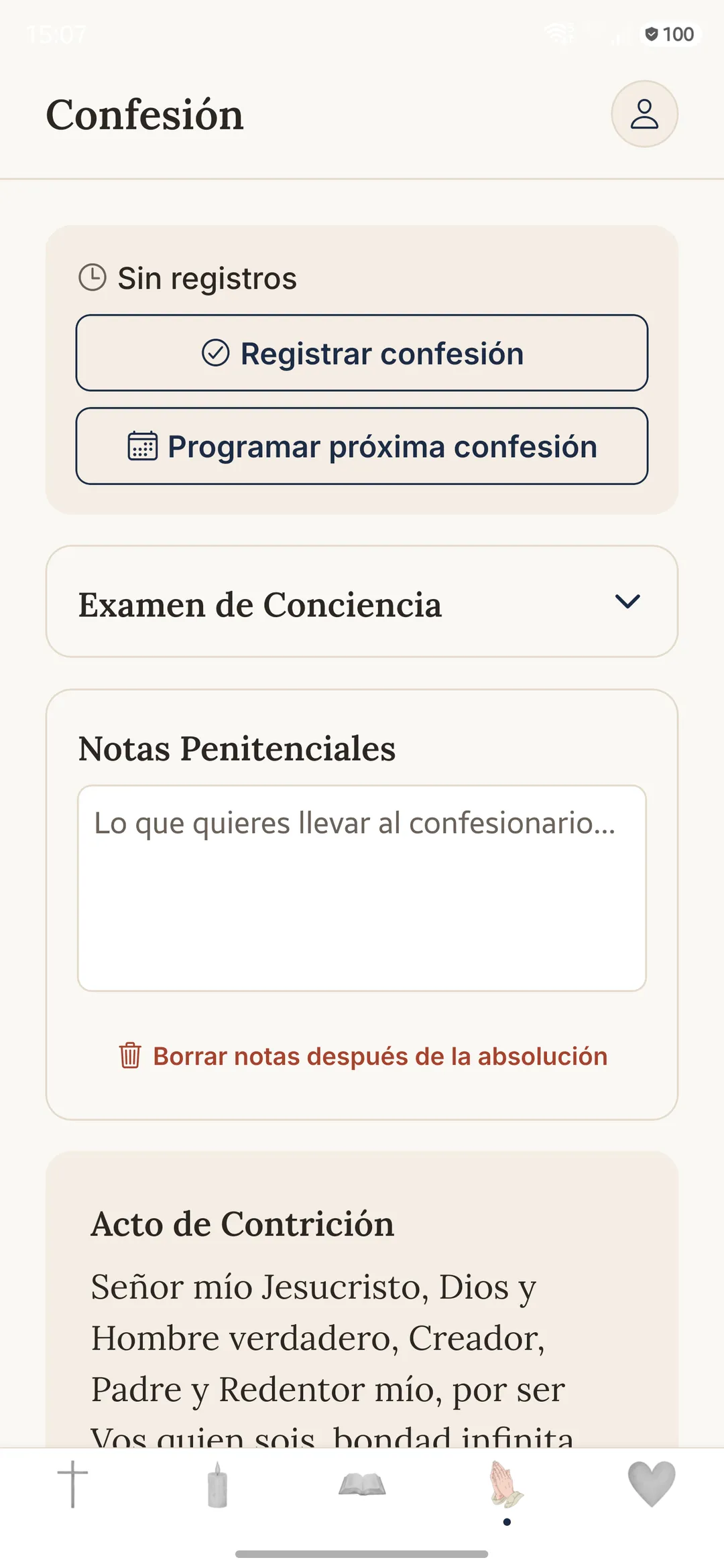 Pantalla de la Confesión en la app Gratia