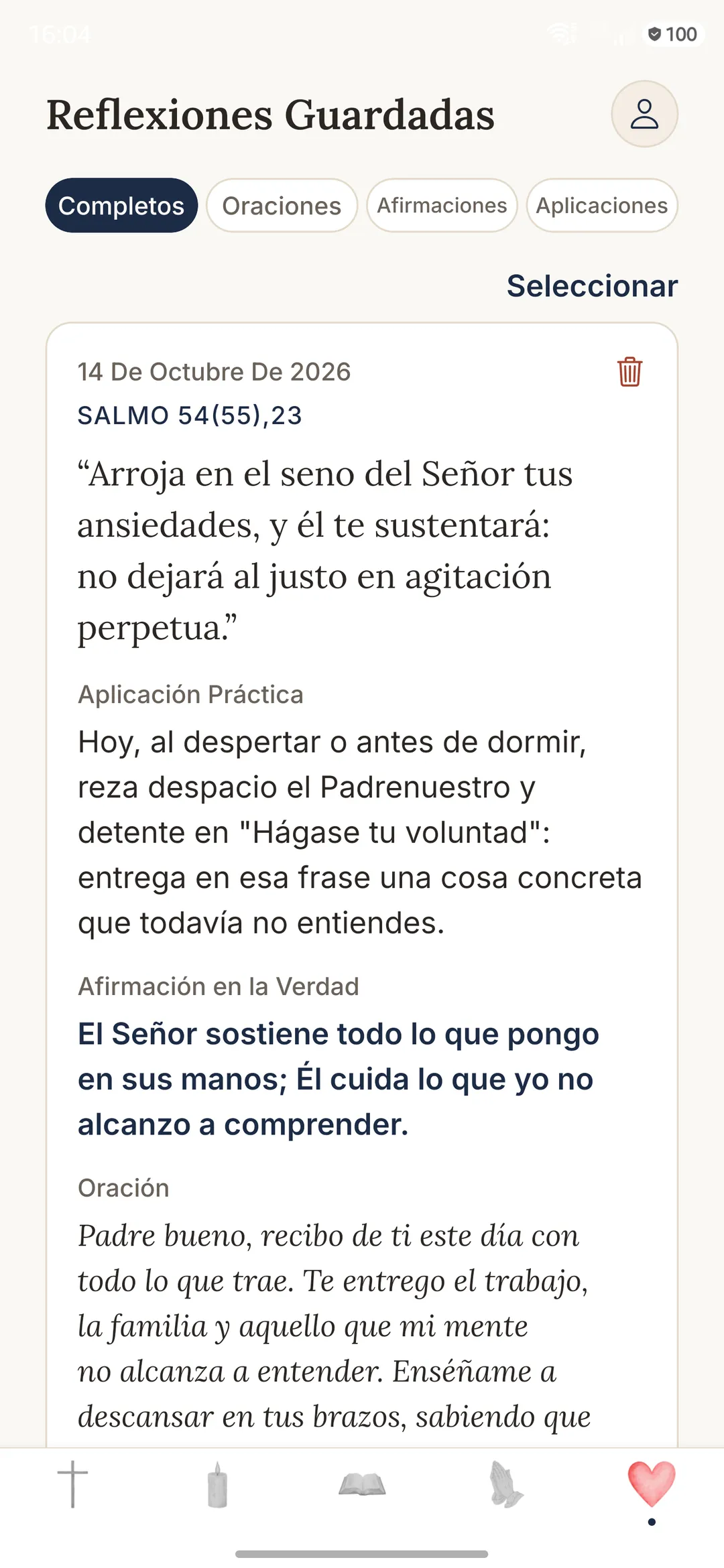 Pantalla de las Reflexiones Guardadas en la app Gratia