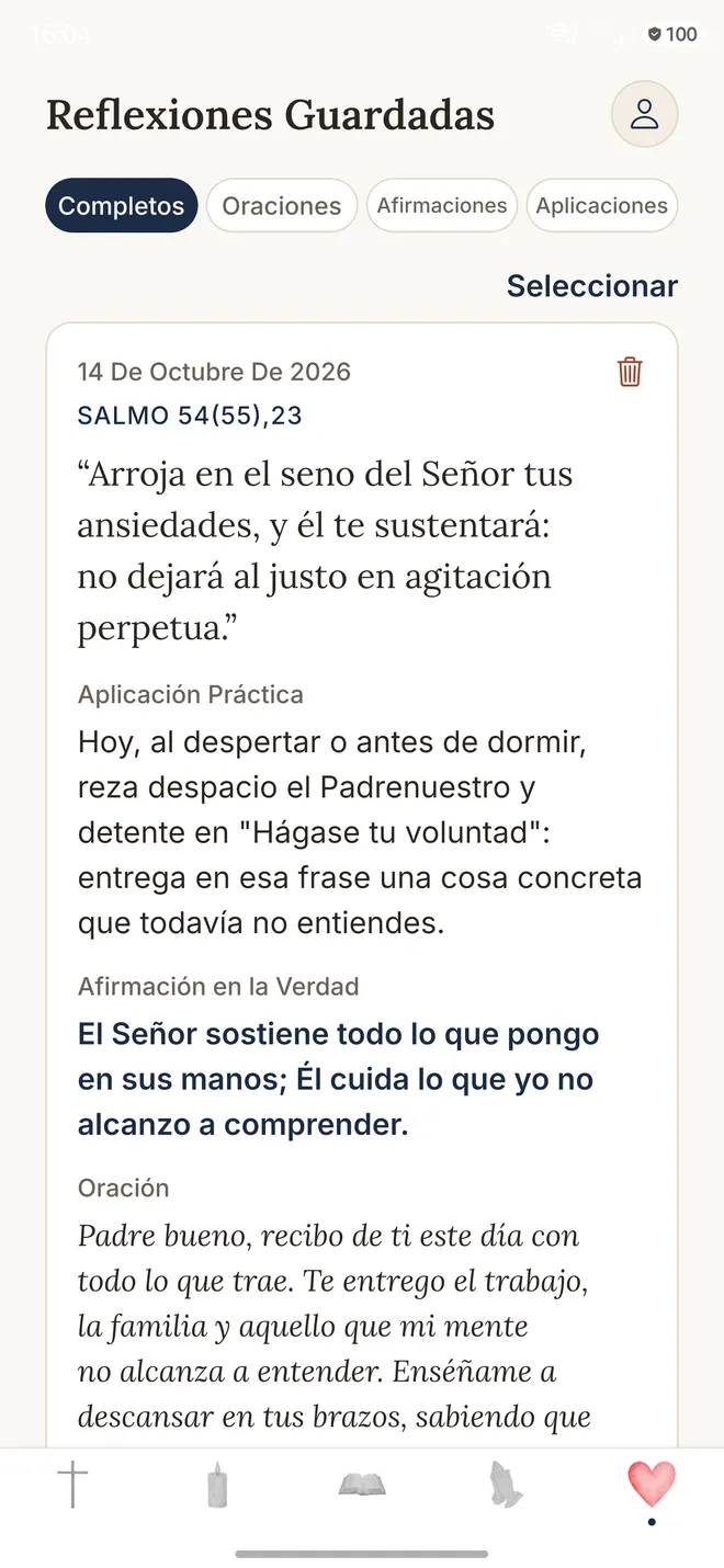 Pantalla de las Reflexiones Guardadas en la app Gratia
