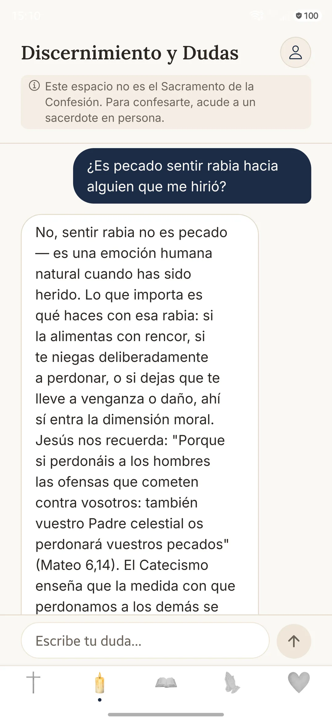 Pantalla del Discernimiento en la app Gratia