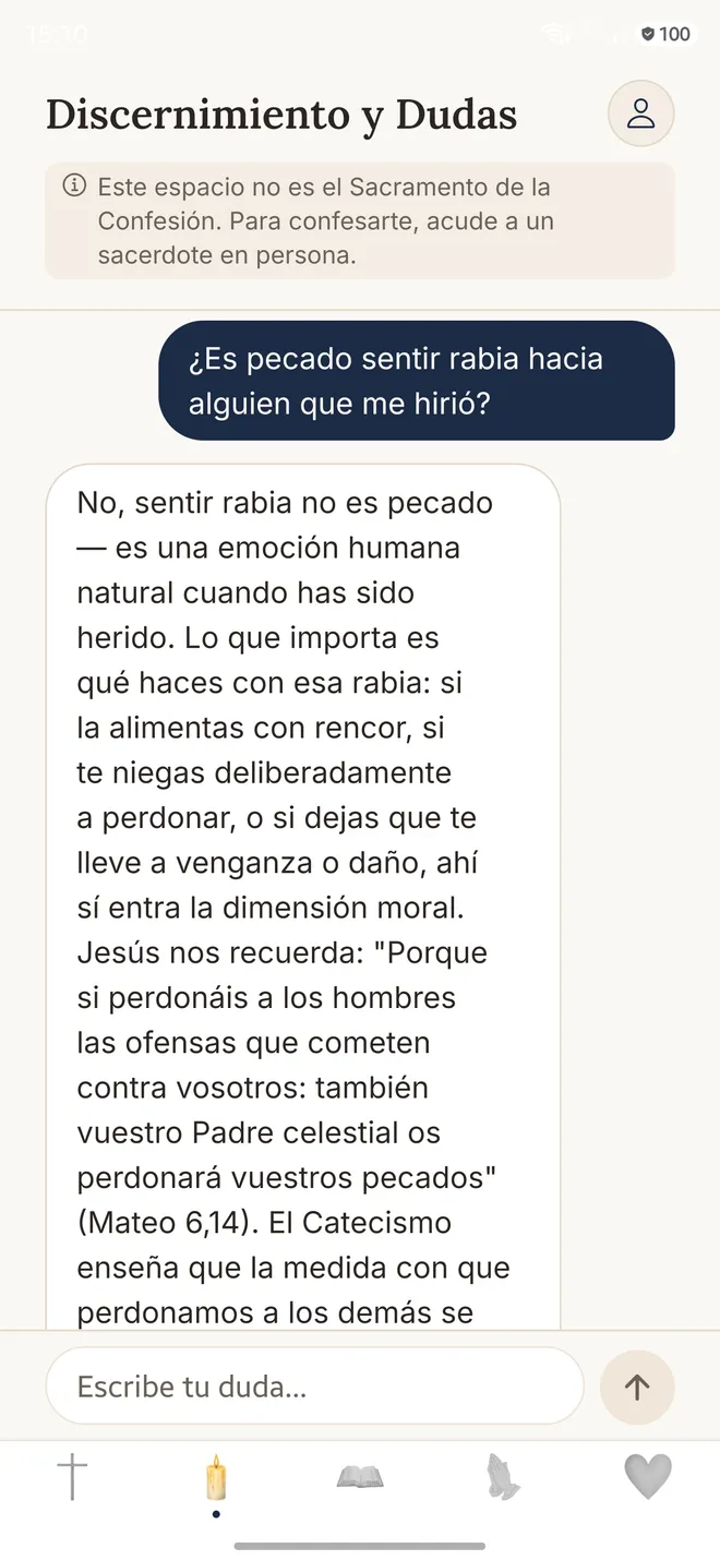 Pantalla del Discernimiento en la app Gratia