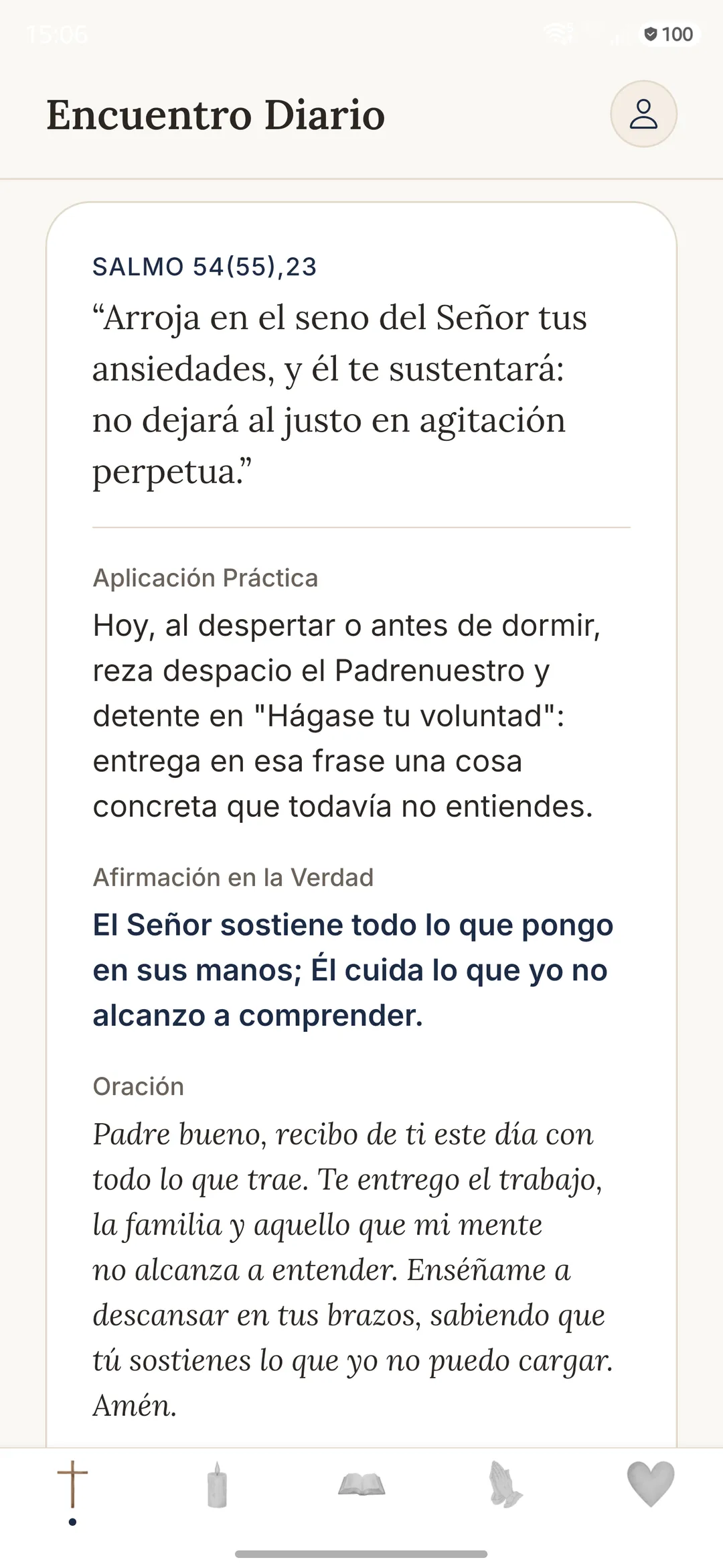 Pantalla del Encuentro Diario en la app Gratia