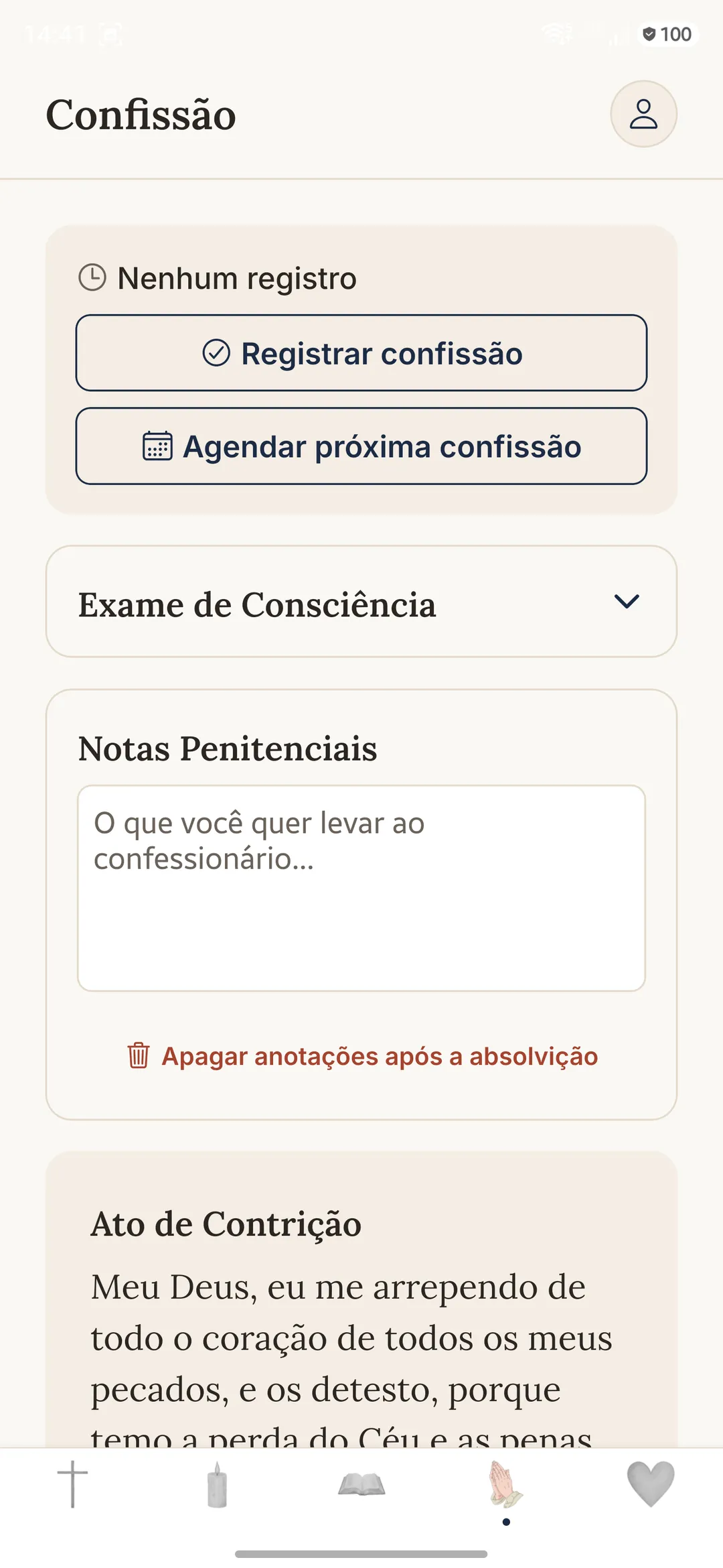 Tela da Confissão no app Gratia