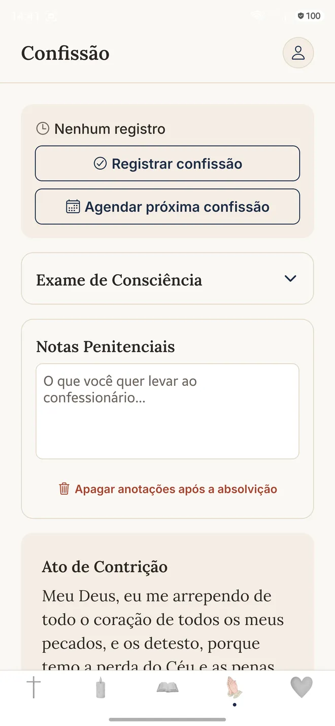 Tela da Confissão no app Gratia
