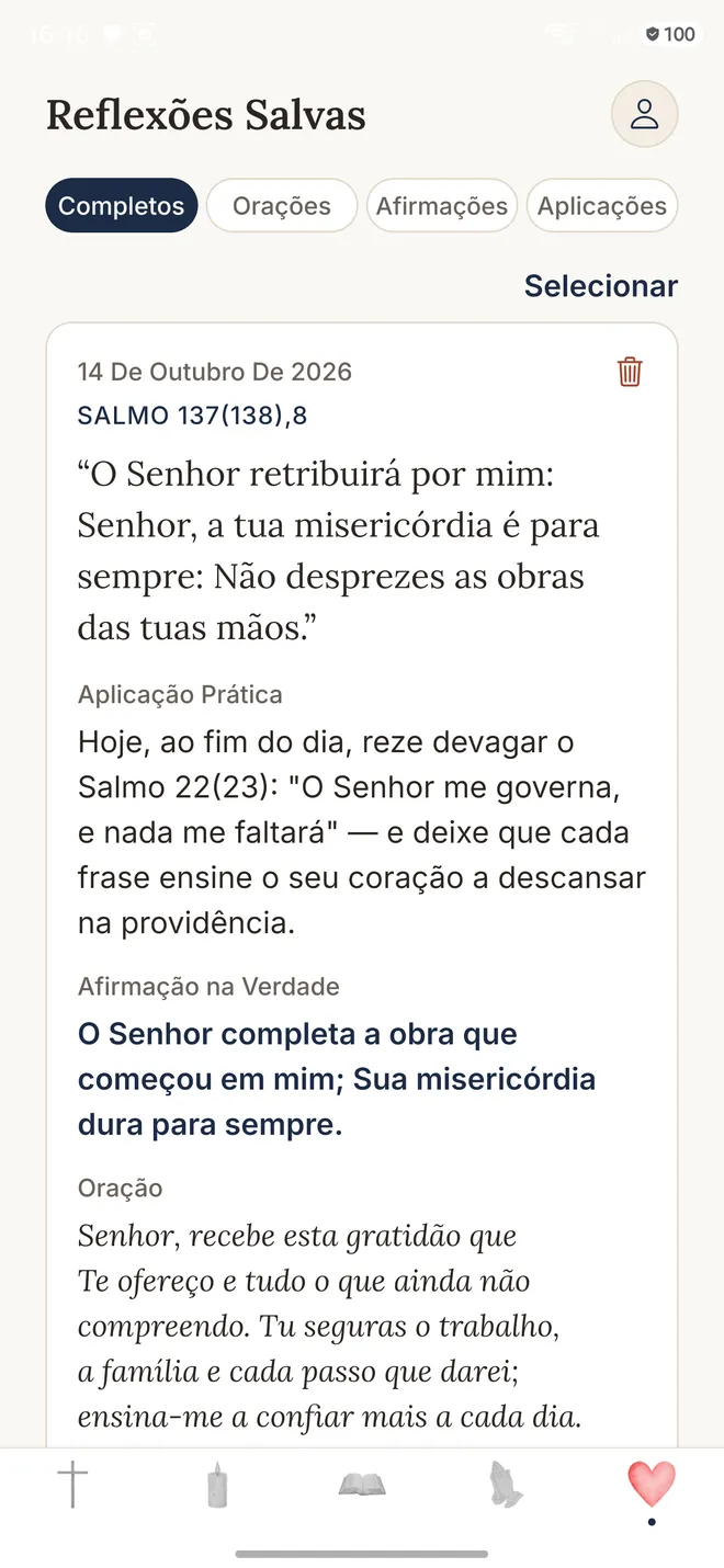 Tela das Reflexões Salvas no app Gratia