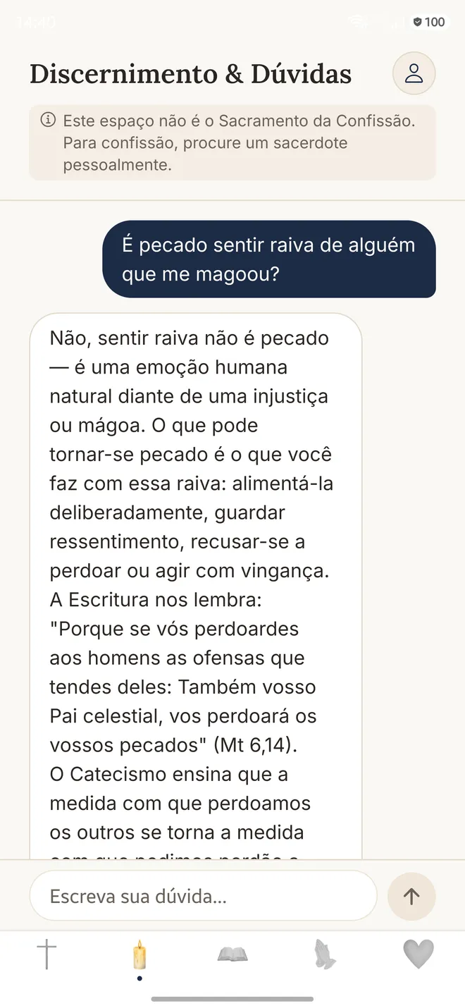 Tela do Discernimento no app Gratia